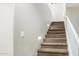 Carpeted stairs featuring modern lighting and white railing at 19075 E Pelican Dr, Queen Creek, AZ 85142