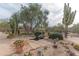 Landscaped backyard with mature trees, cacti, and a peaceful pond area create a tranquil oasis at 5911 E Peak View E Rd, Cave Creek, AZ 85331