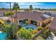 Aerial view of a private backyard pool, lounge chairs, and beautiful landscaping at 9160 E Wethersfield Rd, Scottsdale, AZ 85260