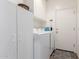 Bright laundry room featuring white appliances, storage cabinets, and access to exterior at 3143 N Evergreen St, Buckeye, AZ 85396