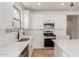 Modern kitchen with white cabinets, stainless steel appliances, undermount sink and a view to the backyard at 5359 W Las Palmaritas Dr, Glendale, AZ 85302