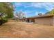 Large backyard with a brick home featuring a patio and mature trees in a spacious outdoor setting at 6917 E Flossmoor Ave, Mesa, AZ 85208
