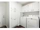 Bright laundry room with white cabinets, countertop space, and modern washer and dryer units at 212 W Interlacken Dr, Phoenix, AZ 85023