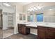 A modern bathroom features dual sinks, wood cabinets, a large mirror, and a walk-in closet with custom shelving at 21798 N Ingram Ct, Maricopa, AZ 85138