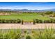 Scenic view of a lush golf course and mountains with stylish seating area at 29304 N Horton Creek Trl, Rio Verde, AZ 85263