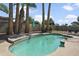 Sparkling pool with surrounding palm trees, lounge chairs, and refreshing blue water. Perfect for a swim! at 402 E Muriel Dr, Phoenix, AZ 85022