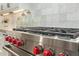 Close up of stainless steel stove with red knobs and white backsplash at 9781 E Gamble Ln, Scottsdale, AZ 85262