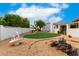 Backyard featuring rock landscaping, well-maintained lawn, desert plants, and white fence at 109 W Kathleen Rd, Phoenix, AZ 85023