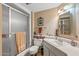 This cute bathroom features a shower, toilet, and vanity sink with a mirror at 20639 N 123Rd Dr, Sun City West, AZ 85375