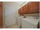 Functional laundry room with a washer, dryer, and storage cabinets at 18670 N Rincon Ct, Surprise, AZ 85387