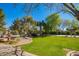 Lush backyard with mature palm trees, well-maintained lawn, and a decorative fountain at 2467 E Page Ave, Gilbert, AZ 85234