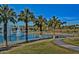 Scenic community lake view featuring lush green grass and walking paths by palm trees at 9734 S 182Nd Dr, Goodyear, AZ 85338