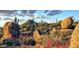 Picturesque desert landscape with red wildflowers, boulders, cacti, and mountains under a partly cloudy sky at 10798 E Hedgehog Pl, Scottsdale, AZ 85262