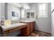 Bathroom featuring a vanity with double mirrors, wood floor and natural light at 24027 N 164Th Dr, Surprise, AZ 85387