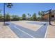 Outdoor basketball court featuring a blue and beige playing surface, surrounded by lush greenery at 18131 W Palo Verde Ct, Litchfield Park, AZ 85340