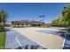 Outdoor basketball court with a blue and beige surface, framed by the house and landscaped greenery at 18131 W Palo Verde Ct, Litchfield Park, AZ 85340