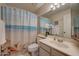 Bright bathroom featuring a charming, decorative shower curtain and updated vanity area at 517 S Marina Dr, Gilbert, AZ 85233
