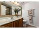 Bathroom featuring a framed mirror, oak vanity, white toilet, decorative plants and towel racks at 500 N Roosevelt Ave # 118, Chandler, AZ 85226