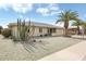 Single-story home featuring desert landscaping with cacti and mature palm trees at 9501 W Hidden Valley Cir, Sun City, AZ 85351