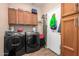 Laundry room featuring cabinets for storage and black front load washing machines and a white door at 9617 E Holiday Way, Sun Lakes, AZ 85248