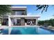Inviting pool area with a modern outdoor kitchen, stylish seating, and views of the contemporary home at 1830 E Palmaire Ave, Phoenix, AZ 85020