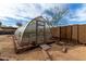 Exterior view of the greenhouse, surrounded by brick borders and a gated fence at 38408 N 23Rd Dr, Phoenix, AZ 85086