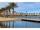 Scenic view of a lakeside park featuring palm trees, waterfront views, and a pedestrian pier at 602 N May St # 29, Mesa, AZ 85201