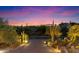 Desert landscaped driveway with cacti and a vibrant sunset sky at 9290 E Thompson Peak Pkwy # 470, Scottsdale, AZ 85255