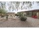 Desert landscaped backyard featuring gravel, mature trees, and a charming seating area at 17662 W Cedarwood Ln, Goodyear, AZ 85338