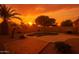 Backyard pool with stunning sunset views, featuring a brick patio and mature palm trees for privacy and relaxation at 41201 N Stenson Dr, San Tan Valley, AZ 85140