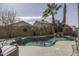 Backyard pool area featuring mature palm trees, rock features, and a unique free-form pool design at 1325 E Brent Ct, Casa Grande, AZ 85122