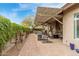 Relaxing covered patio featuring a built-in grill, seating area, and manicured landscaping at 11123 E Olla Ave, Mesa, AZ 85212