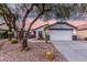 Attractive single-story home featuring desert landscaping, mature trees, and a two-car garage with a red door at 12630 W Aster Dr, El Mirage, AZ 85335