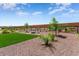 Landscaped backyard with a fire pit area, artificial turf, and mature trees at 26947 W Adam Ave, Buckeye, AZ 85396