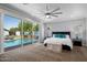 Bright bedroom with sliding glass doors that lead to the pool and waterfall at 3401 N 34Th Pl, Phoenix, AZ 85018