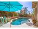 Inviting pool with an umbrella, bar stools, and desert landscaping creates a relaxing outdoor oasis at 26815 N 65Th Ave, Phoenix, AZ 85083