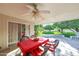 Charming covered patio featuring a dining set, fan, and picturesque views of the lush backyard at 10825 W Caron Dr, Sun City, AZ 85351