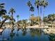 Scenic view of a reflective pond bordered by palm trees and rocks, showcasing a tranquil and well-maintained landscape at 17311 N Kimberly Way, Surprise, AZ 85374