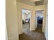 Hallway with neutral walls and carpet, showcasing entrances to two carpeted bedrooms with overhead lighting at 671 E Colt Ct, Chandler, AZ 85225
