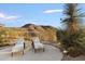 Outdoor patio space with lounge chairs, desert plants, and a scenic mountain view at 11617 E Raintree Dr, Scottsdale, AZ 85255