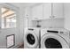 Well-organized laundry room featuring modern washer and dryer with ample cabinet space at 1226 E Fairmont Dr, Tempe, AZ 85282