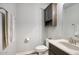 Powder room with wood-look tile flooring, granite countertop, toilet, and towel rack at 20061 E Cherrywood Ct, Queen Creek, AZ 85142