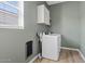 Functional laundry room with green walls, sleek appliances, and ample storage space at 5650 S Feliz --, Mesa, AZ 85212