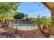 Backyard pool with safety fence surrounded by lush greenery and a cozy covered patio area at 8761 W Mary Ann Dr, Peoria, AZ 85382