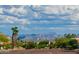 Scenic street view showcasing desert landscaping, palm trees, and a breathtaking mountain backdrop under a cloudy sky at 16545 E Gunsight Dr # 103, Fountain Hills, AZ 85268