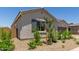Exterior view of a charming home with a well-maintained landscaped yard and blue shutters at 21640 E Roundup Way, Queen Creek, AZ 85142