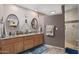 Well-lit bathroom featuring a double vanity, dual mirrors, and a walk-in shower with neutral tile at 8303 E Monterey Ave, Mesa, AZ 85209