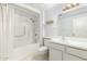 Bathroom features a shower-tub combo and a sink with white cabinets at 18002 N 135Th Dr, Sun City West, AZ 85375