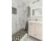 Bathroom featuring a shower with gray curtain, vanity and mosaic tile accents at 2812 W Heatherbrae Dr, Phoenix, AZ 85017