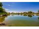 Scenic community pond with lush greenery, calm waters reflecting a blue sky, creates a peaceful natural setting at 4330 S Neutron --, Mesa, AZ 85212